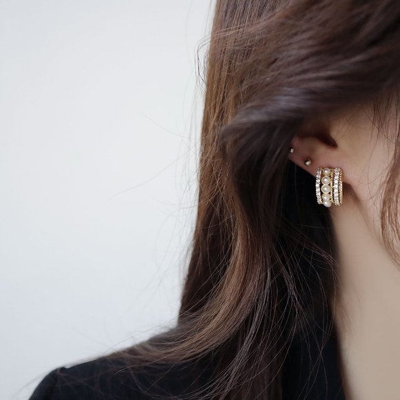 NEW 14K Gold Plated Diamond Pearl Open Hoops - Picture 3 of 8